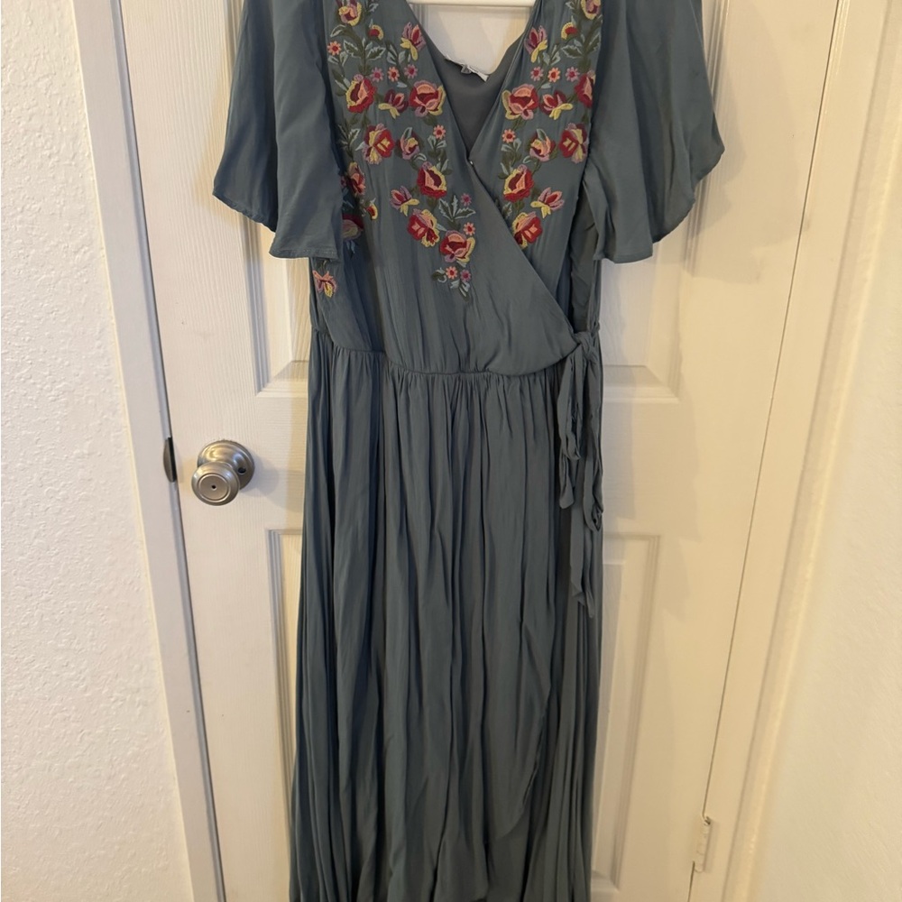 Embroidered Wrap Dress in Blue